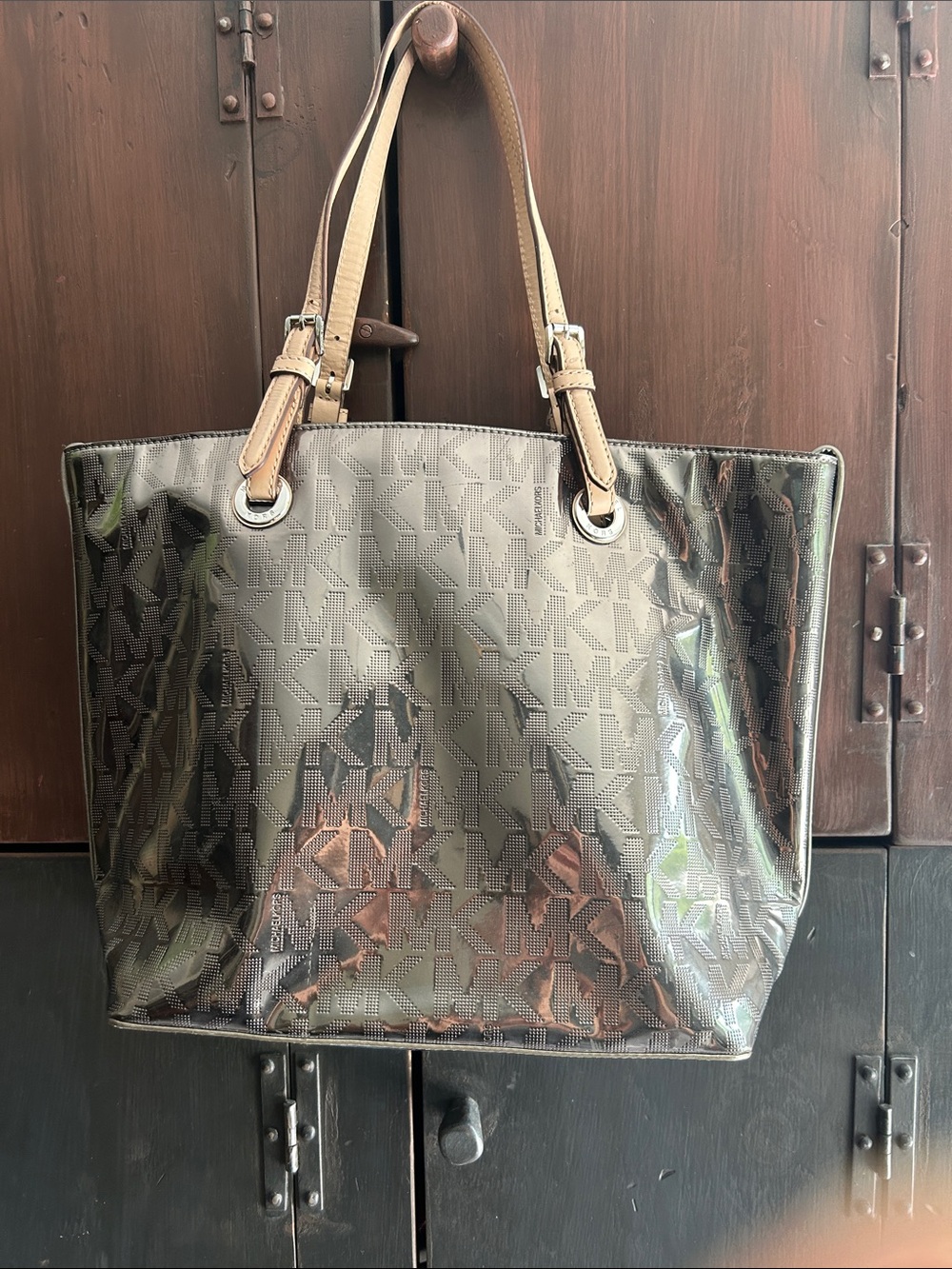 Michael Kors Black Glossy MK Logo Tote with Tan Straps